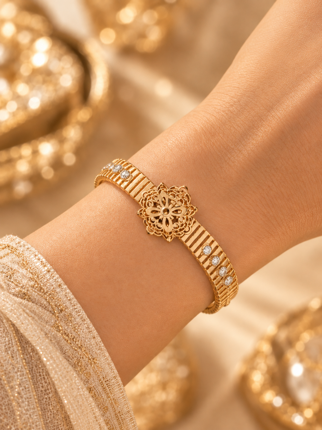 Rose Gold Floral Filigree Cuff Bracelet for Women