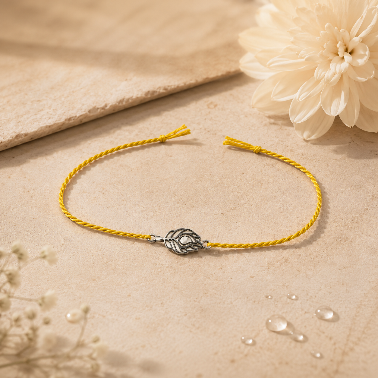 Handmade Feather Charm Yellow Thread 925 Silver Rakhi for Brother