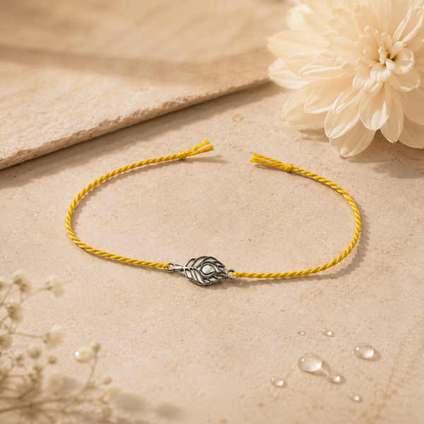 Handmade Feather Charm Yellow Thread 925 Silver Rakhi for Brother