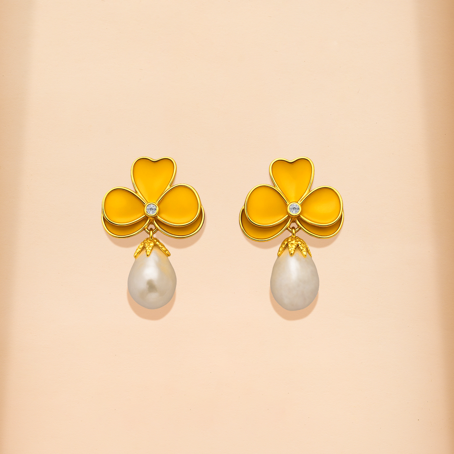 Yellow Clover Pearl Drop Earrings
