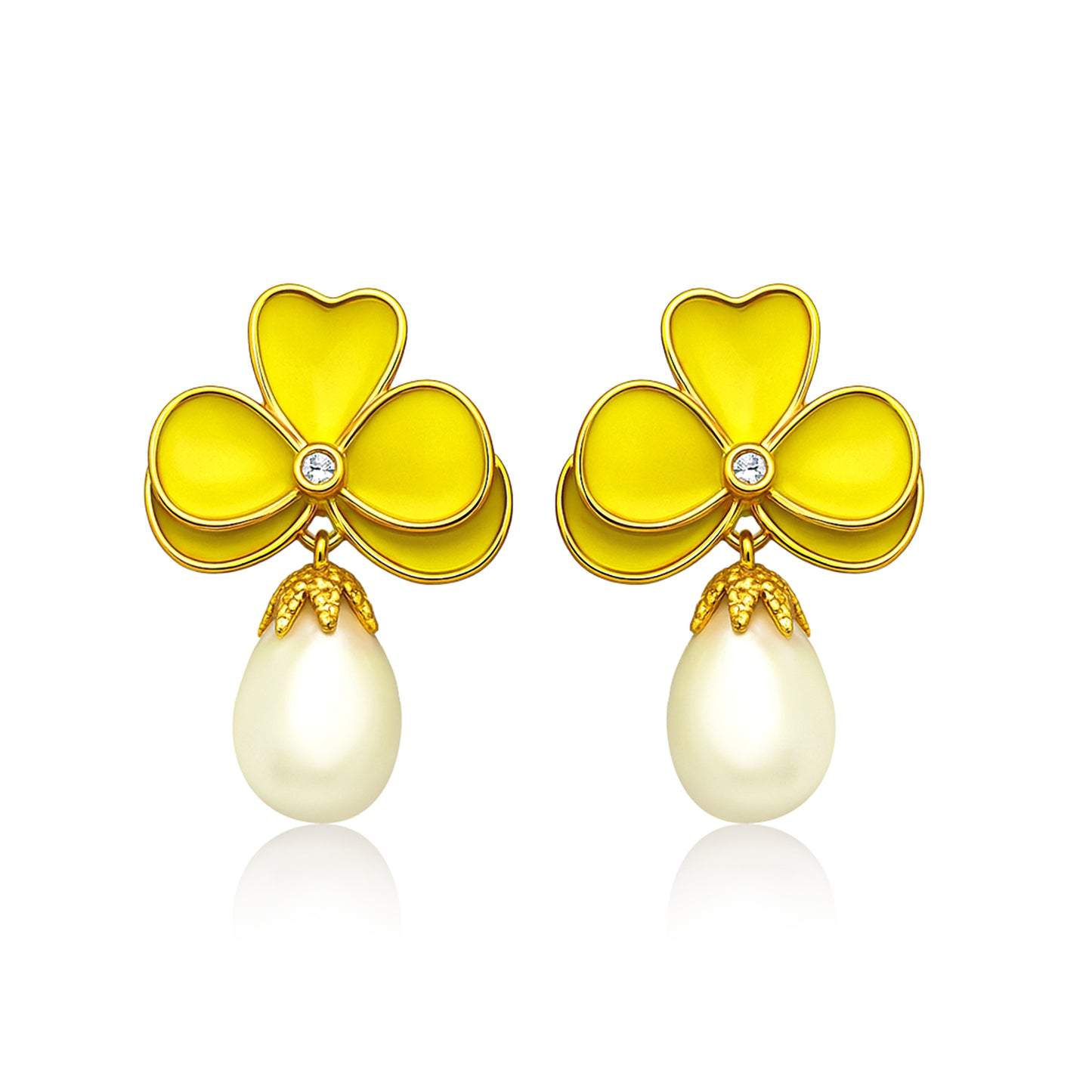 Yellow Clover Pearl Drop Earrings