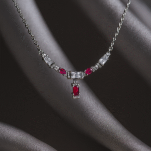 Radiant Ruby & White Crystal Elegant Silver Necklace