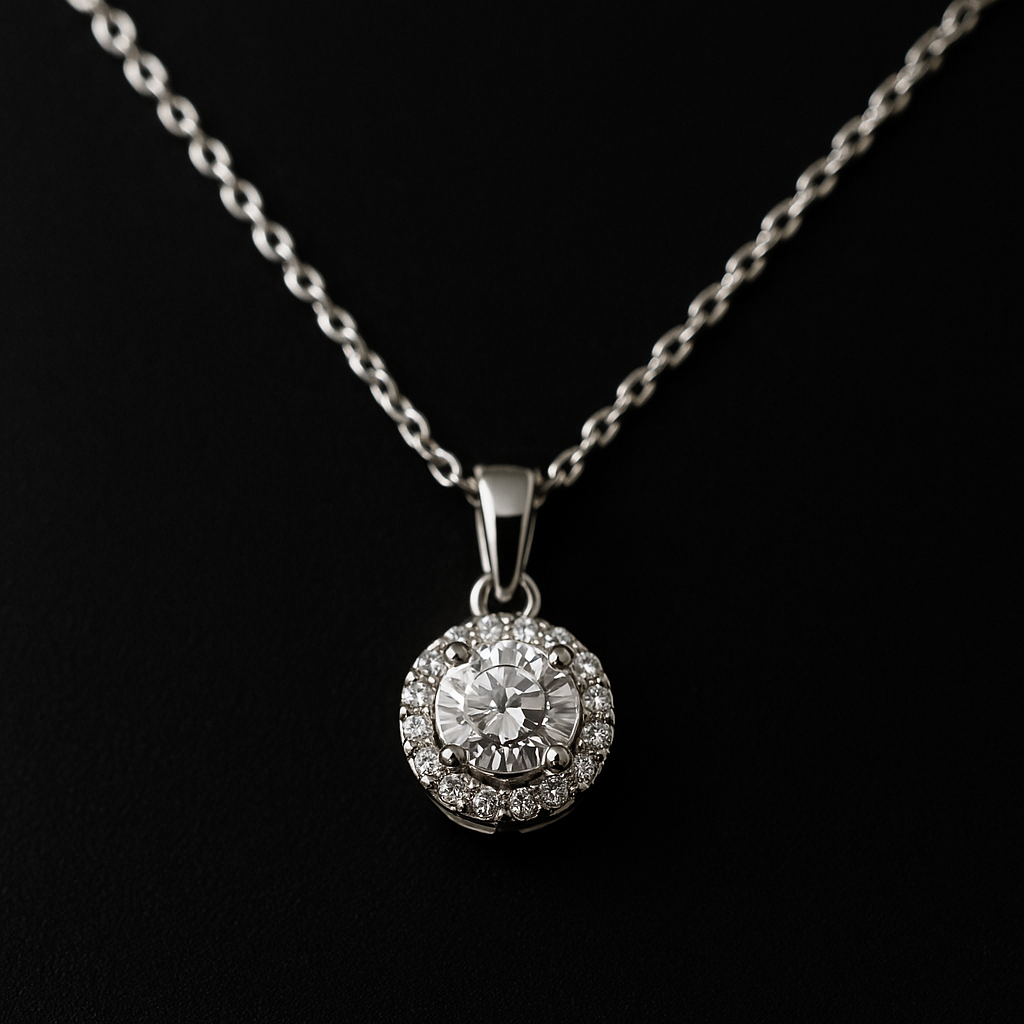 Sterling Silver Halo Round Cut Pendant Necklace