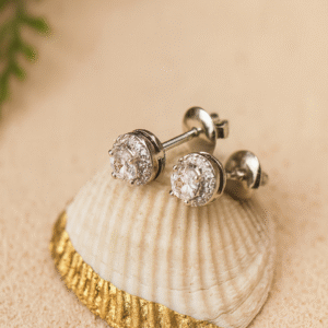 Classic Halo Round Stud Earrings with Cubic Zirconia – Silver Earring