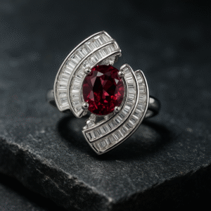 Elegant Silver Cocktail Ring with Ruby Center 925 Silver Rhodium Plated Ring